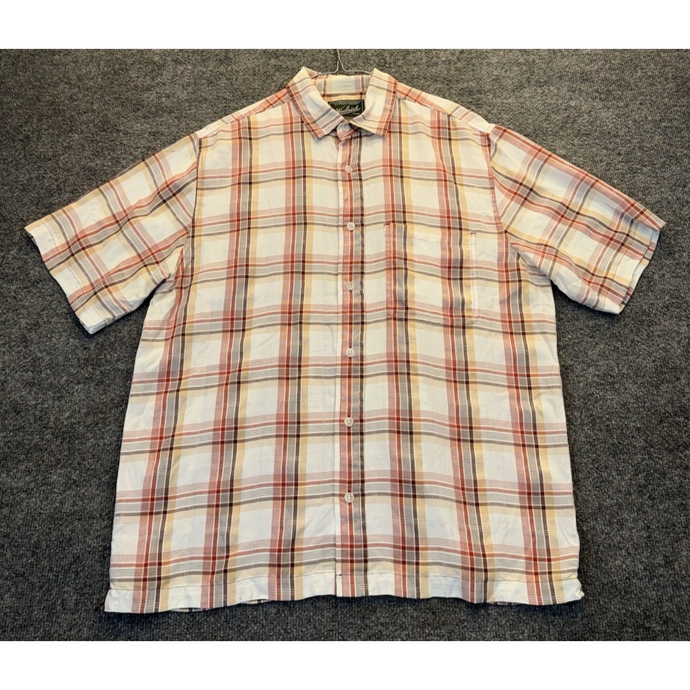 Woolrich Men's L Plaid Short Sleeve Button Up Shirt Red Tan Modal Outdoor